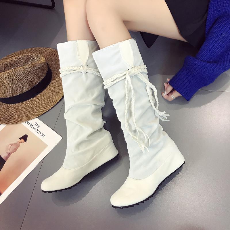 

Boots 2021 Autumn Winter Wedge Long Fashion Pleated Flocked Leather Mid-Tube Black Pink White Female Botas Mujer 43