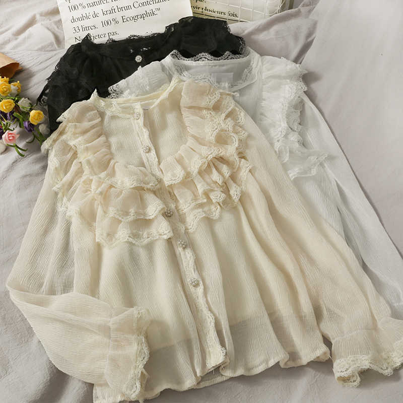 

LY VAREY LIN Spring Women Single Breasted Chiffon Shirt Sweet Ruffle Stitching Long Sleeve Thin Tops 210526, Apricot