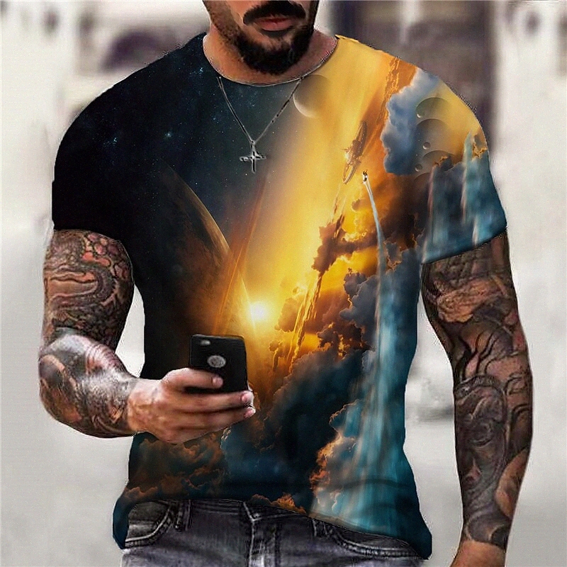 Men's T shirt 3D Print Galaxy Graphic Crew Neck Daily Sports Print Short Sleeve Tops Casual Classic Designer Big and Tall Yellow G10C#