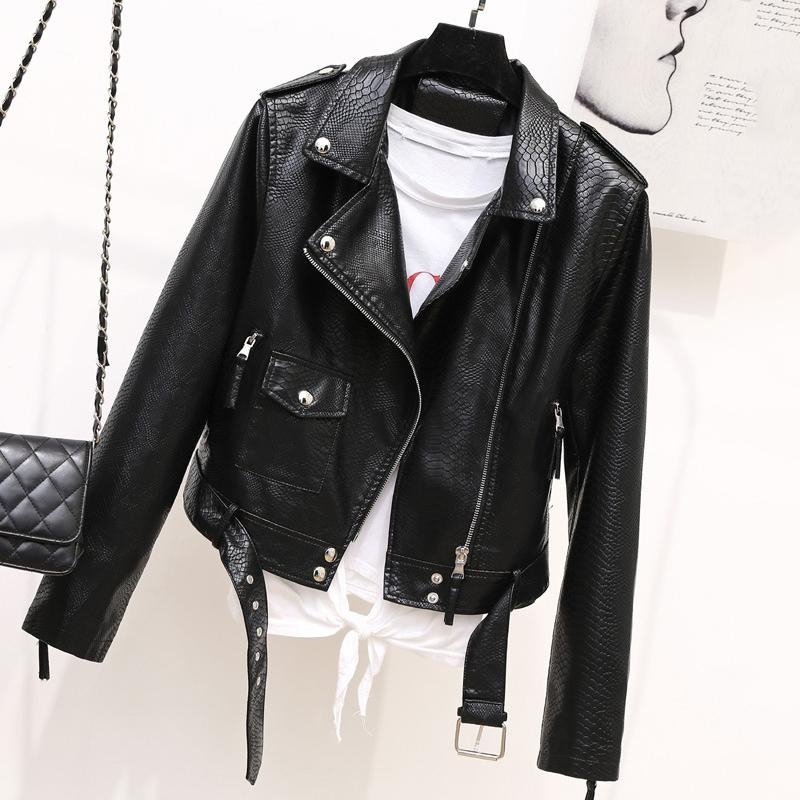 

Women Faux Leather Jacket Spring Autumn Biker Moto Coats Ladies with Belt Black Streetwear Short Outwear 210602