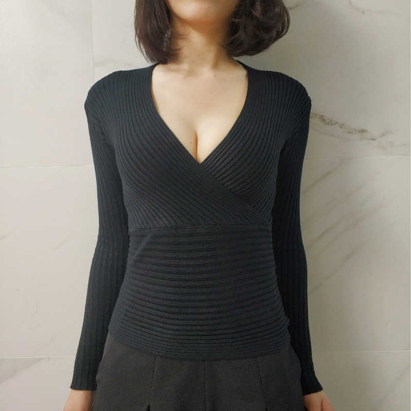 

sweater women V-Neck full pullovers korea women's blouses sexy plunging necklines KNITTED 210601, Navy blue