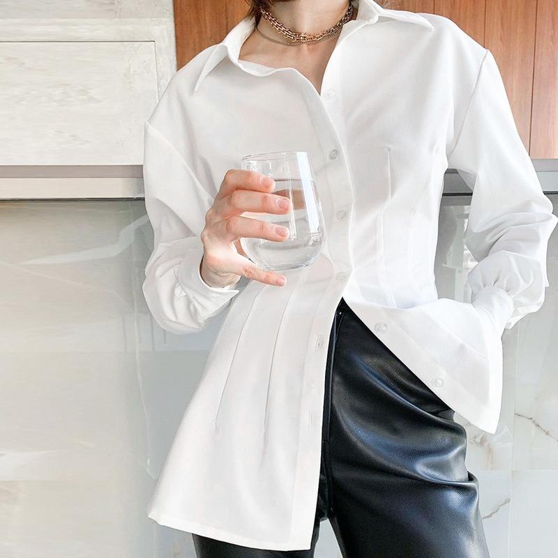 

Women' Blouses & Shirts Spring Summer White Button Up Shirt Blouse Women Loose Long Sleeve Tunic Office Tops Turn Down Collar Casual Top Co