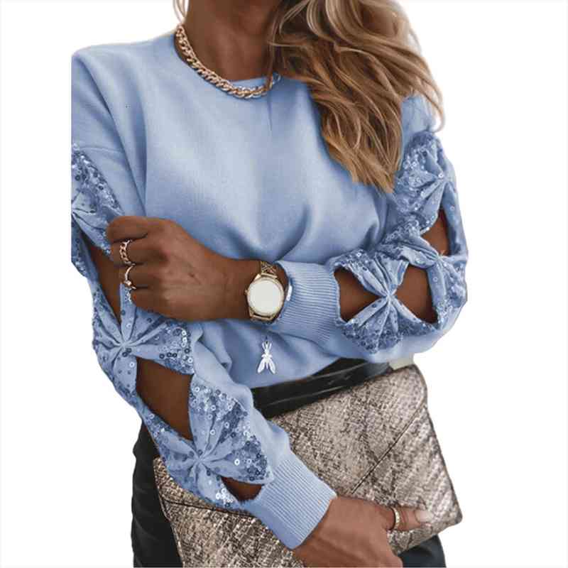 

Women Elegant Sweater Autumn Winter Solid Color Sequin Knitted Sweater Hollow Out Long Sleeve Pullover Oversize, White;black