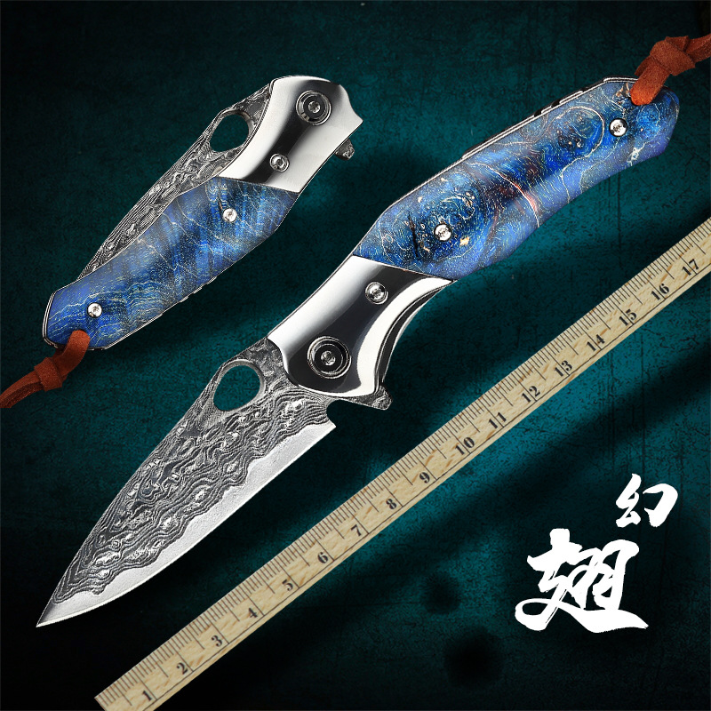 

high quality colorful handle damascus knife sharp blade linerlock folding knives