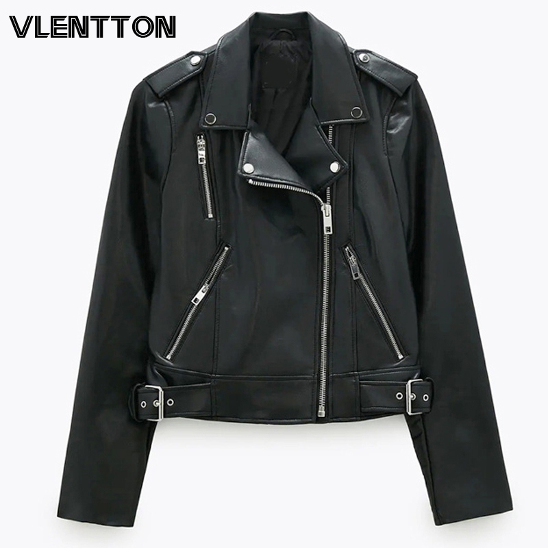

2021 Spring Autumn Women Bla Faux Leather Jaet Casual Zipper With Belt Biker Coat Female Casual Solid Short Outwear, Black