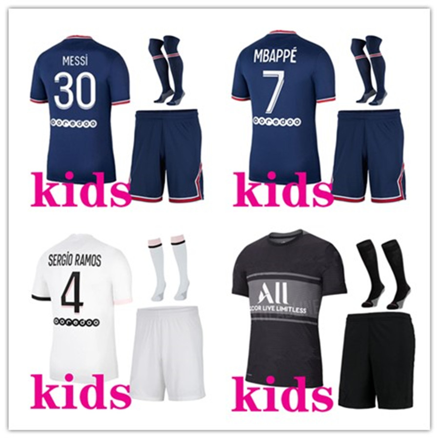 

kids 2021 2022 football kits MESSI MBAPPE soccer jersey 21/22 Maillot de foot ICARDI SERGIO RAMOS VERRATTI DI MARIA MARQUINHOS KIMPEMBE footbal sets, 21/22 home kids
