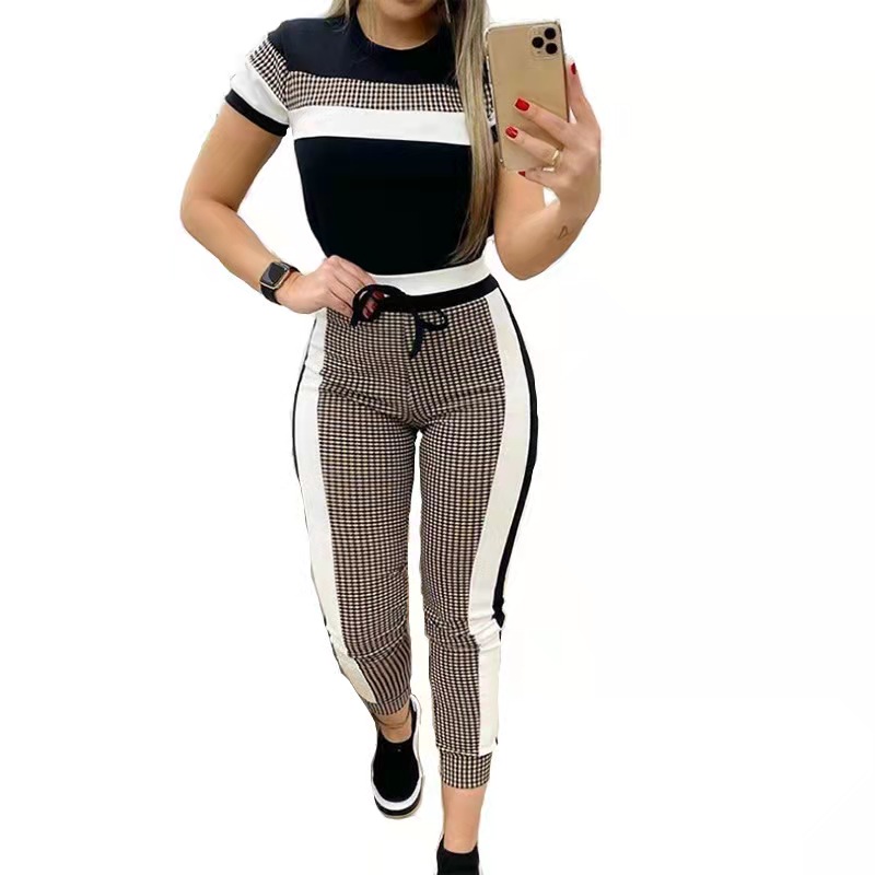

Two Piece Pants Fashion sexy black and White Checkered women's set