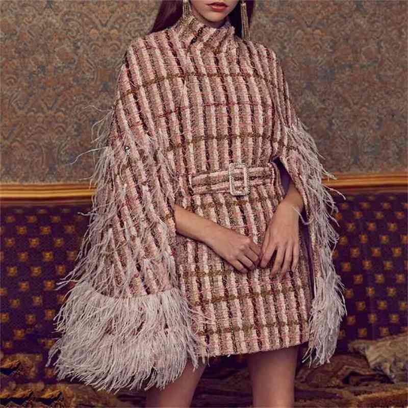 

Runway Designer Woman cloak Wool jacket plaid feather Luxury Full sleeve woolen coat female autumn winter 210603, Pink