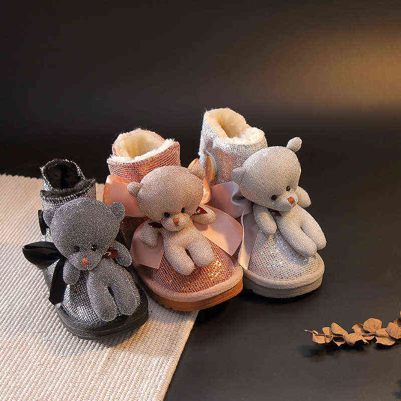 

Girls Snow Boots Warm Winter Kids Snow Boots Children Glitter Shoes Baby Girls Ankle Shoes Toddler Bear Boots Black Soft Plush 211108, Silver