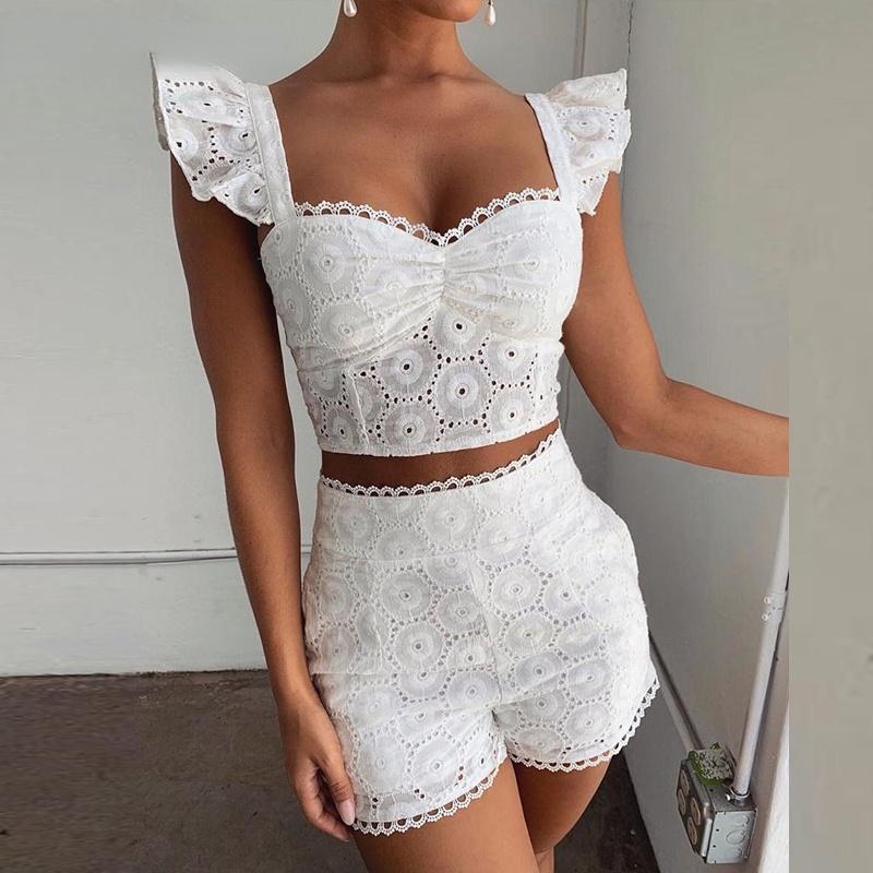 

Women' Tracksuits Lace Ruffles Hollow Out Top & Short Sets, White