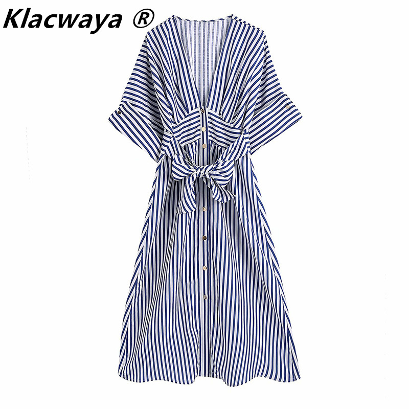 

Za Long Summer Dress Woman Blue Striped Midi Women Fashion Tied Short Sleeve Casual Elegant es 210521, Stripe