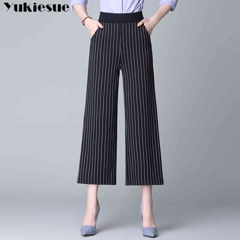 

streetwear summer striped women' pants female high waist wide leg pants capris for women trousers woman Plus size 4xl 210519