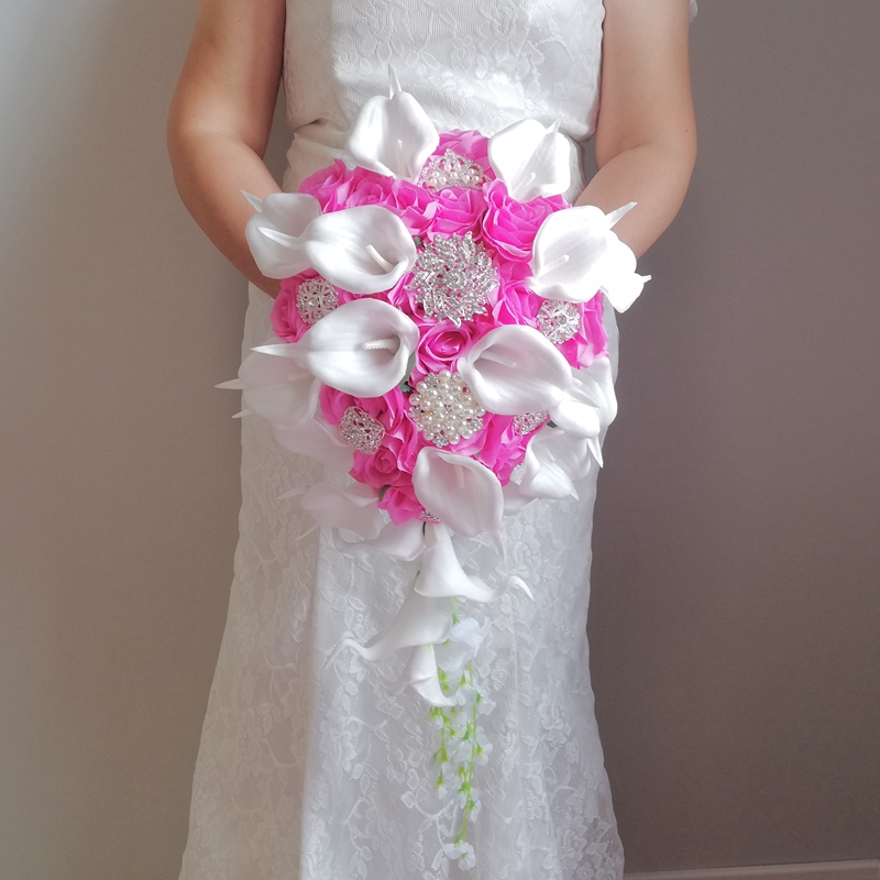 

Dropshipping Rose Red Fake Flowers Wedding Bouquet Waterfall Bride Hold Bouque déco mariage
