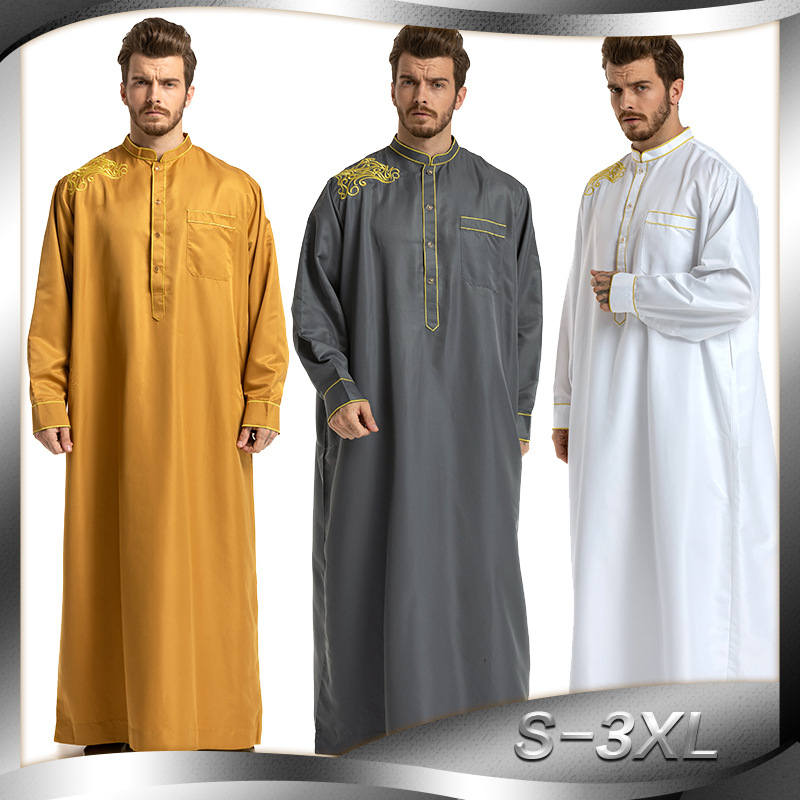 

Muslim Long Robe Men Jubba Thobe Embroidery Kaftan Saudi Musulman Wear Abaya Costumes Turkey Arab Dubai Ethnic Islamic Clothing