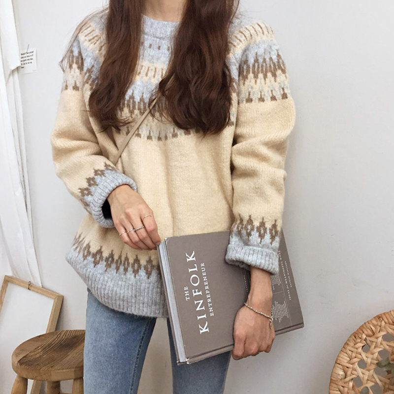 

3 colors Korean vintage style Knitted Sweater Women Autumn Winter color patchwork sweaters and pullovers womens (C9178), White;black