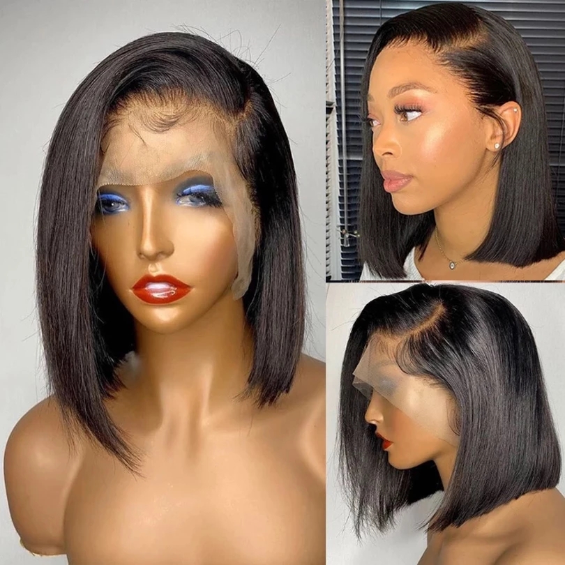 

Lace Front Synthetic Hair Wigs Short Bob 1B Color Natural Straight Side Part 14inch Wig Medium size, Natural color