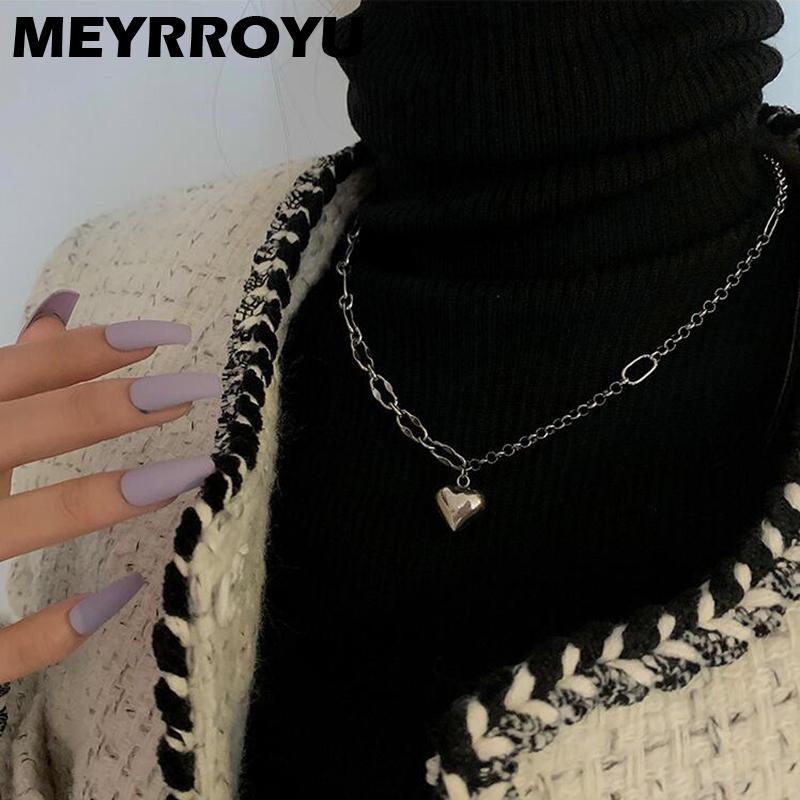 

Chains MEYRROYU Sterling Silver Sweet Cool Design Love Pendant Irregular Chain Splicing Punk Korea Style Fashion Woman Necklace 925
