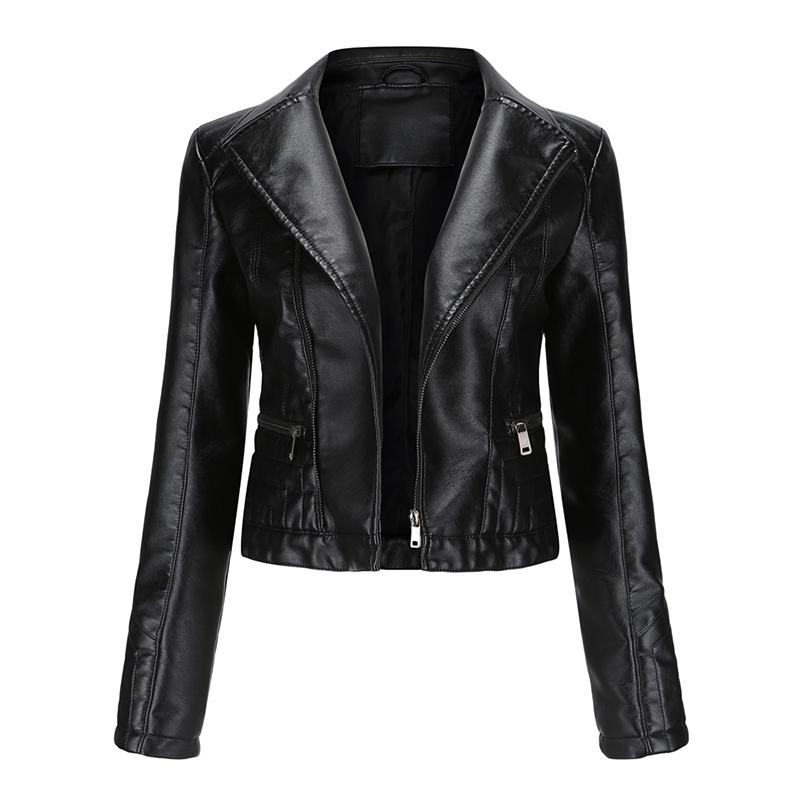 

Women's Leather & Faux Arrival Women Jackets And Coats Turn-down Collar Fashion Zipper Solid Tops Female Biker Coat PU Jacket Feminine, Black