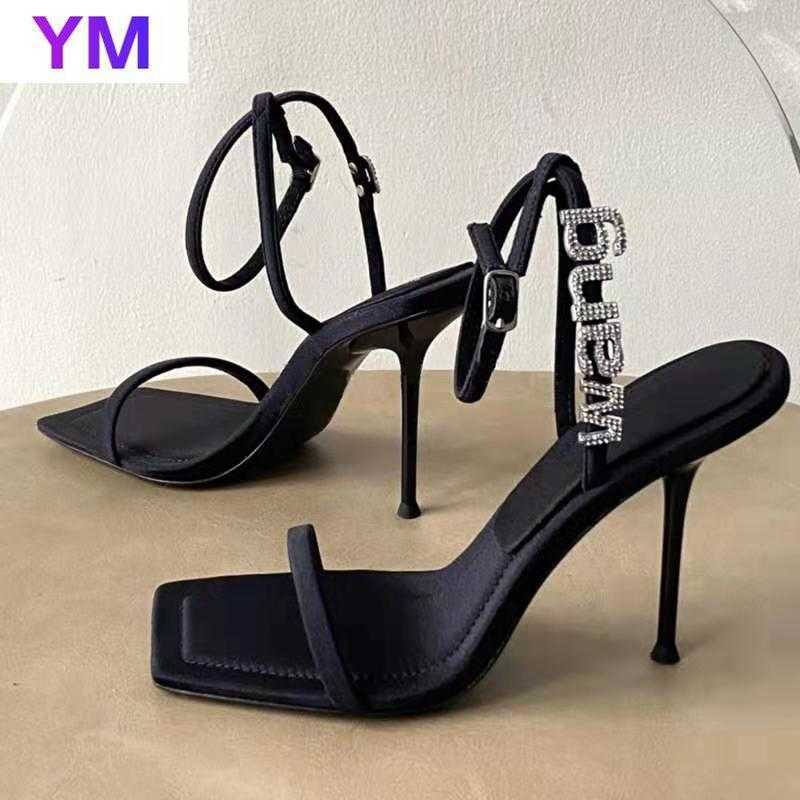 

Gladiator Summer Pumps Sexy Sandals Shoes Crystal Women Thin High Heels Square Toe Lady Mules Zapatillas Mujer Casa Indoor -39 Y0721, Black