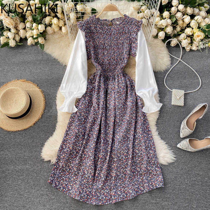 

KUSAHIKI Fake Two Piece Women Dress Korean Hit Color Floral Puff Long Sleeve Vestido Femme Spring Elegant Dresses 6E299 210602, Khaki