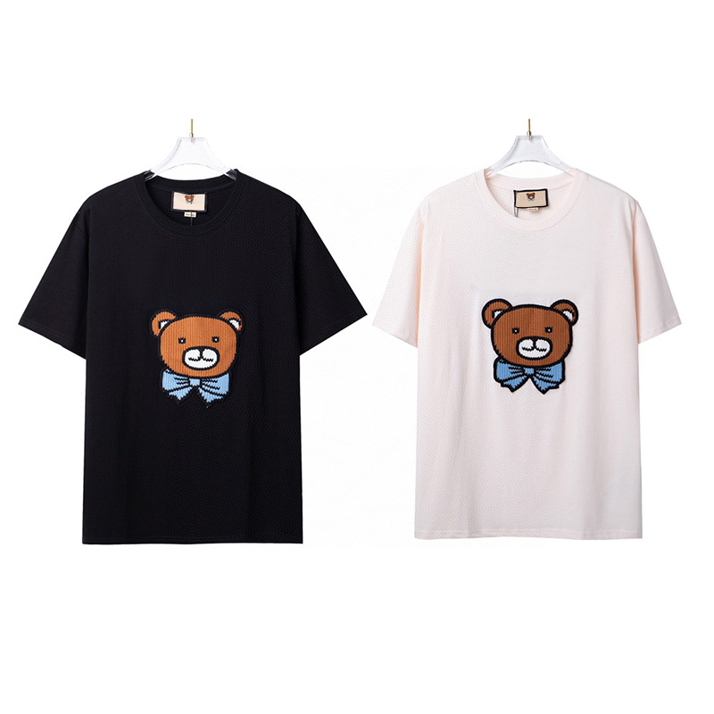 

Europe Spring Summer Lovely Bear embroidery T shirt Fashion Men Women Short Sleeve Tshirt Casual Streetwear Cotton Tee, White;black