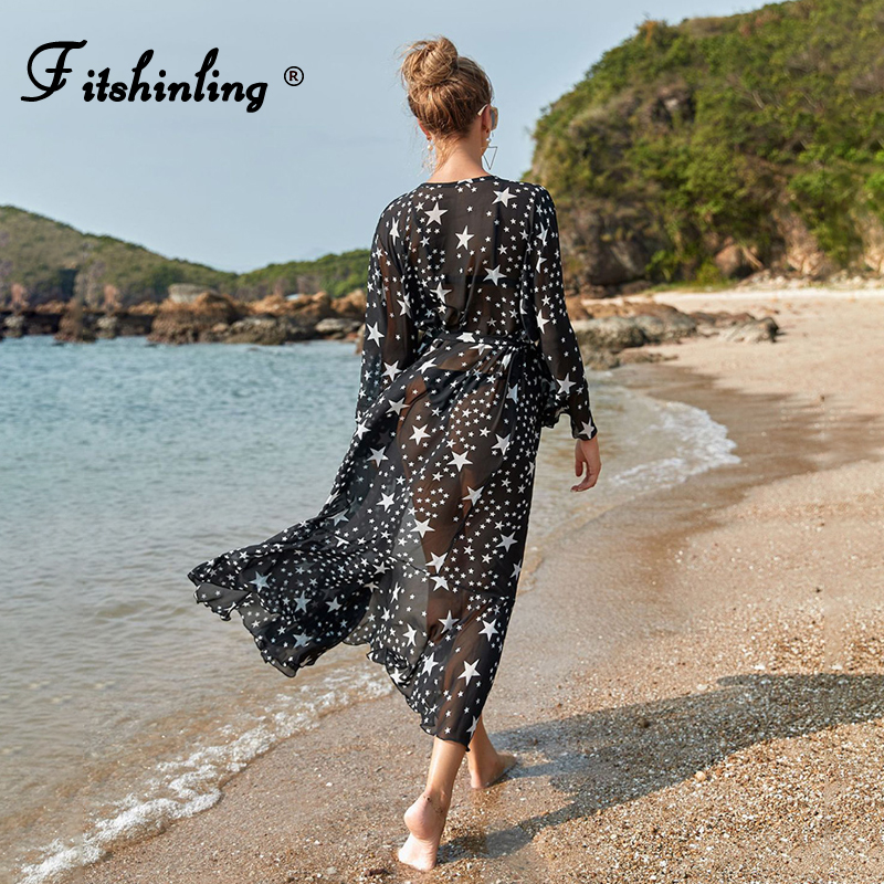 

Fitshinling Stars Print Chifon Beach Cover-Up Swimwear Women Sheer Sexy Hot Flare Sleeve Summer Bikini Outings Bohemian Cardigan