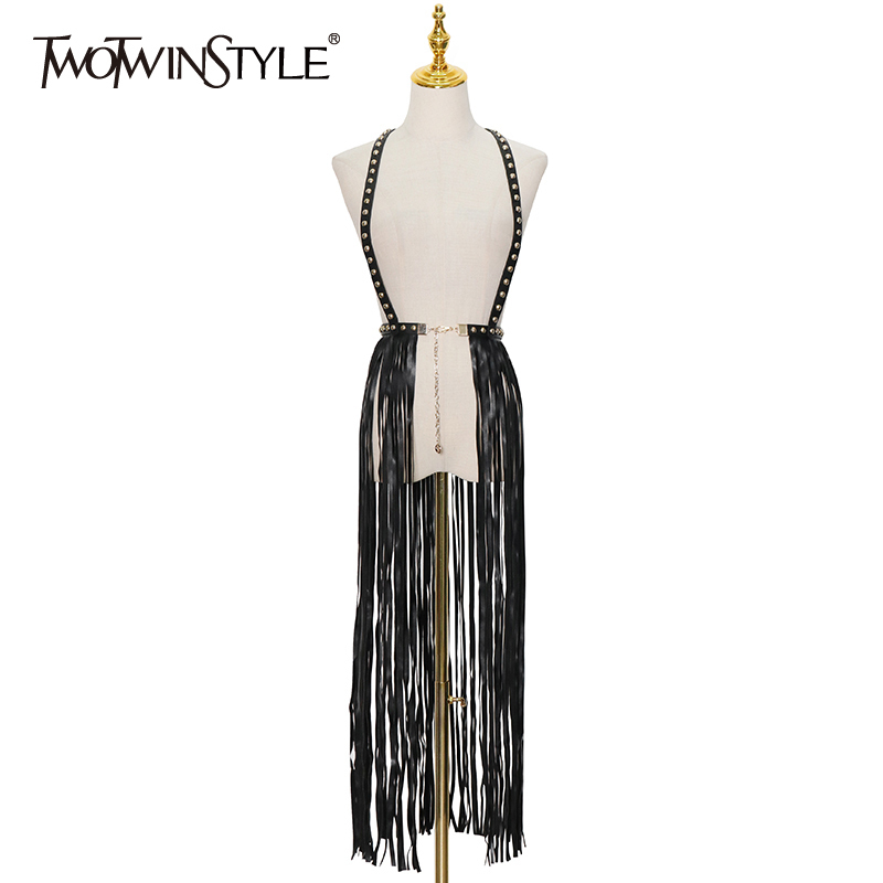 

Sexy Patchwork Rivet Tassel Vest For Women Halter Streetwear Backless Tank Tops Females Summer Fashion Stylish 210524, Black