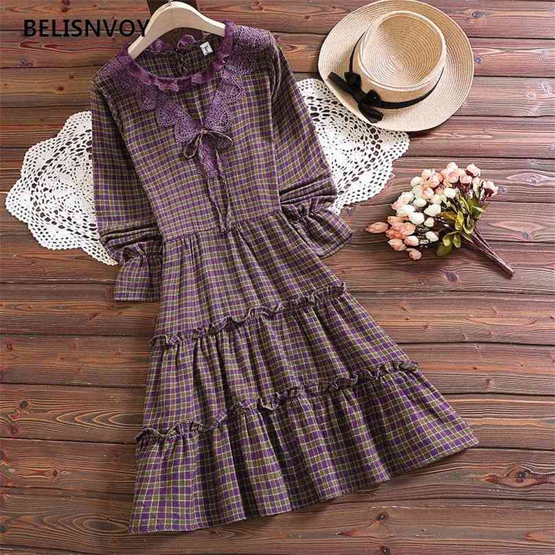 

Japanese Mori Girl Sweet Women Dress Elegant Long Sleeve Retro Purple Plaid Vestidos Female Vintage Lace Ruffles 210520
