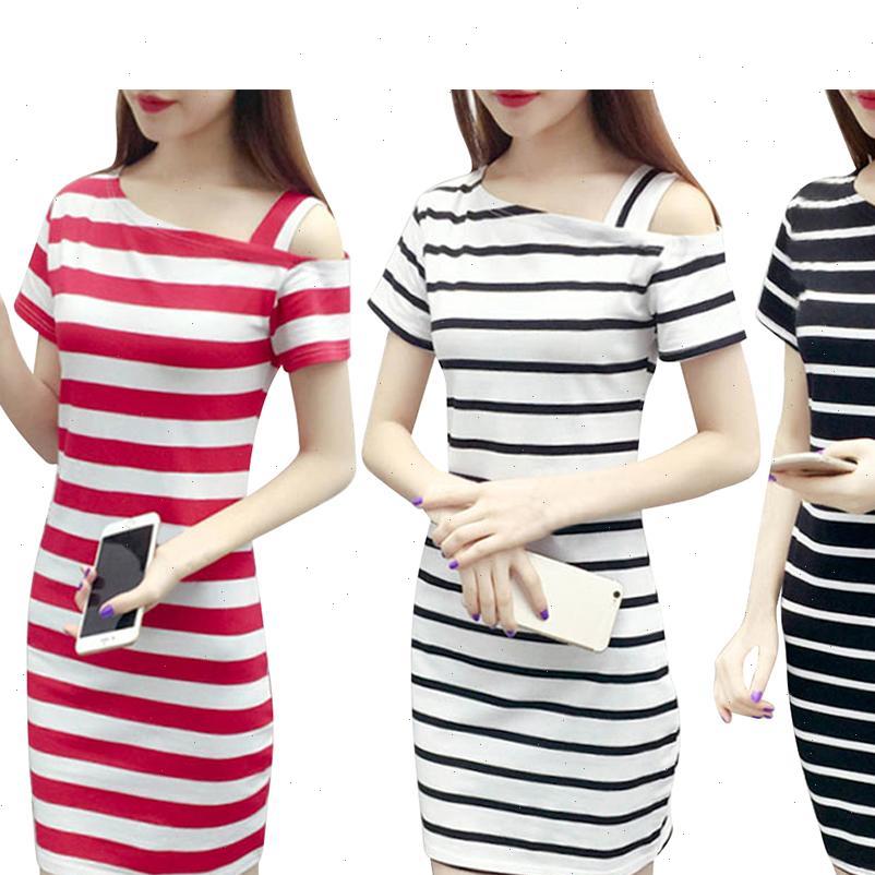 

Women Dress Boat Neck Oblique Shoulder Cotton Striped Short Sleeve Casual Slim Summer Dresses Drop, Black;gray