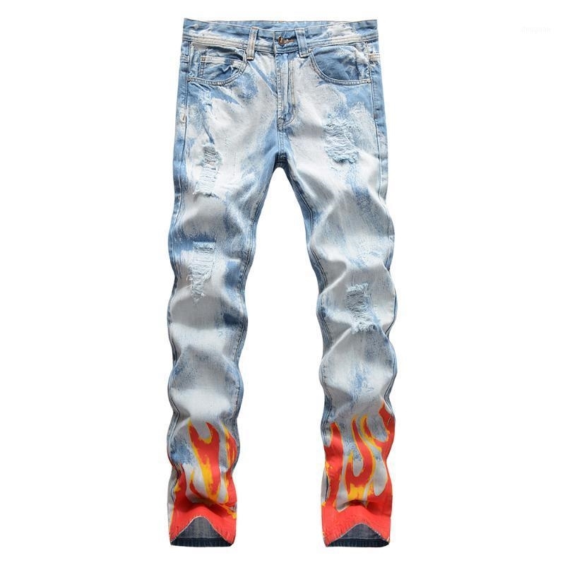

Men's Flame Print Jeans Snow Washed Light Blue Denim Pants Slim Straight Trousers White1