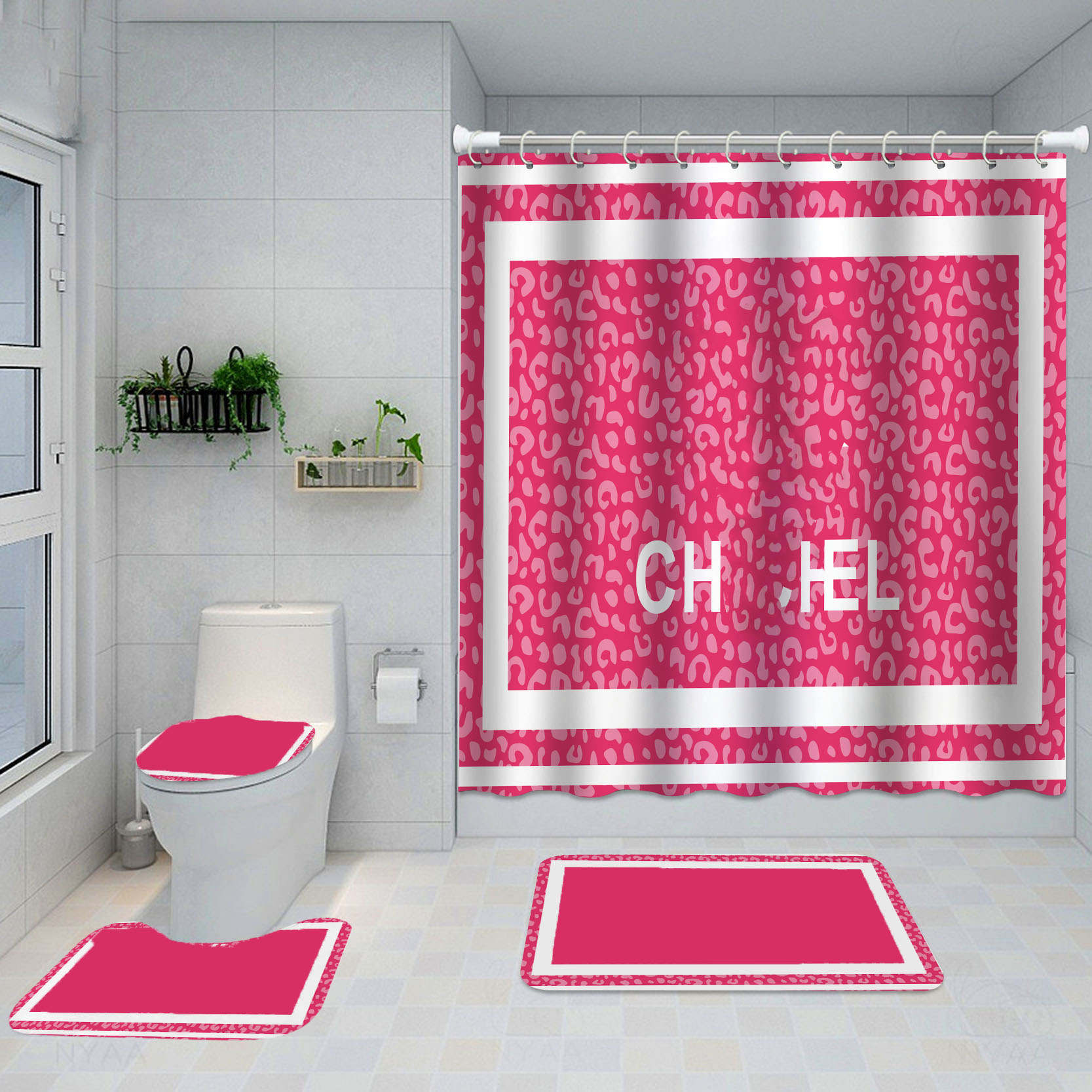 

Home Trend Print Shower Curtains Sets High-grade Four-piece Must Suit Bathroom Anti-peeping Non-slip Deodorant Bath Toilet Mats