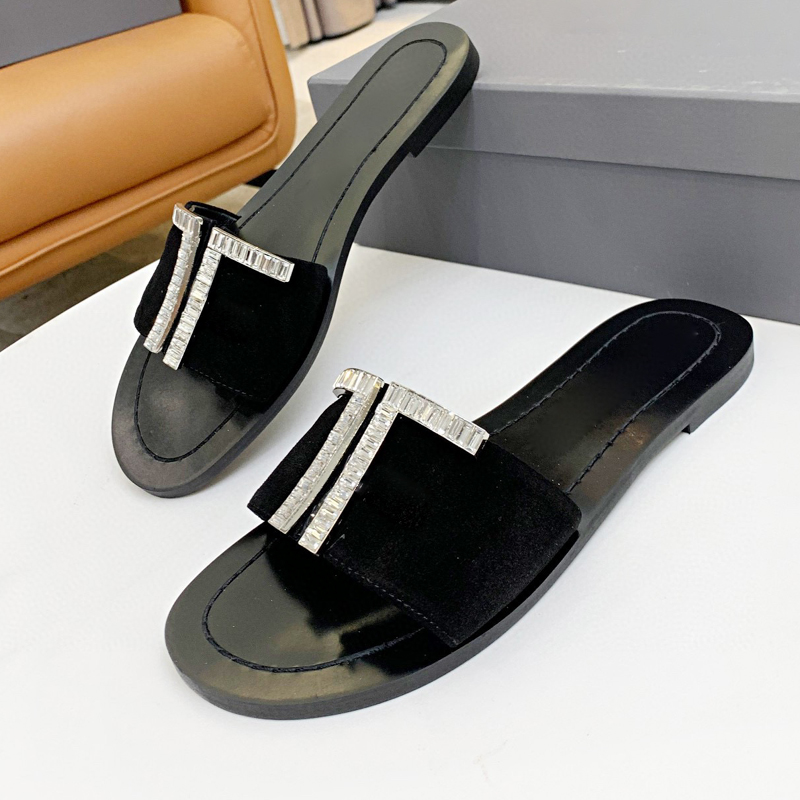 

2022 Luxury Designer Sandals Rhinestone buckle slippers women's Flat latest fashion suede crystal genuine leather metal decorative women Sandal Flip Flops shoes, Black