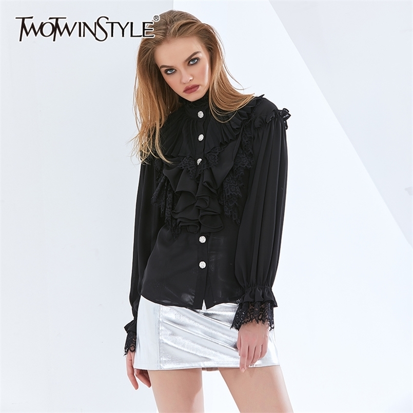 

Elegant Ruffle Shirt For Women Stand Collar Flare Long Sleeve Patchwork Lace Black Blouse Female Spring 210524