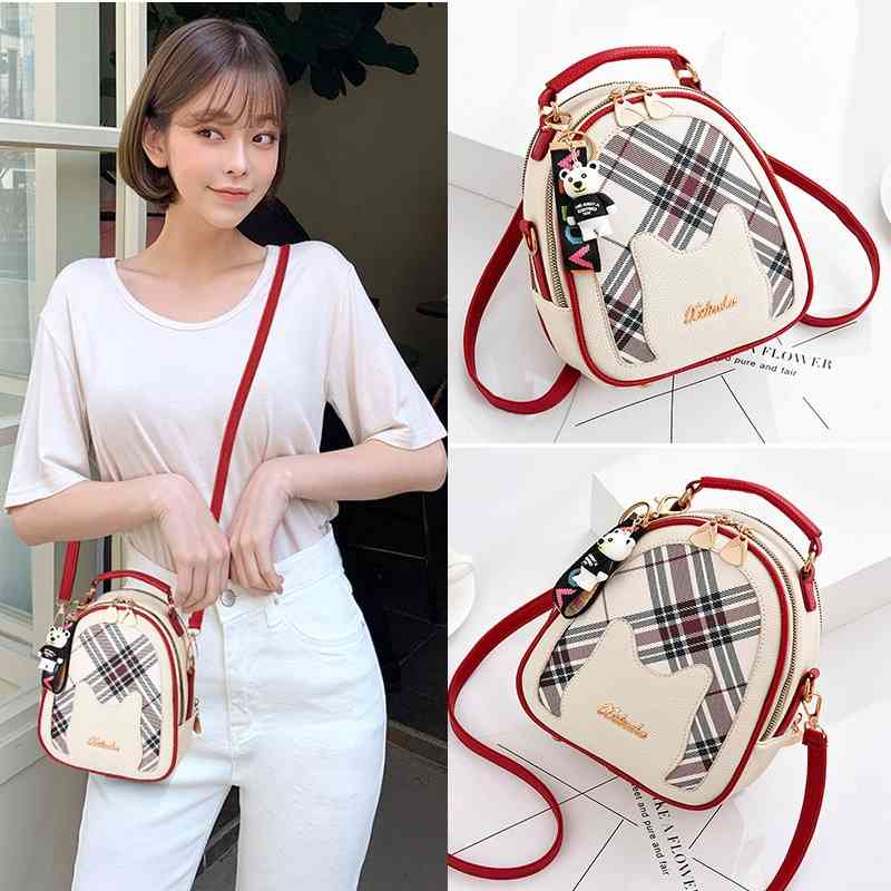 

Double 2020 new Korean small backpack fashion messenger single shoulder women's bags, Plaid black with white