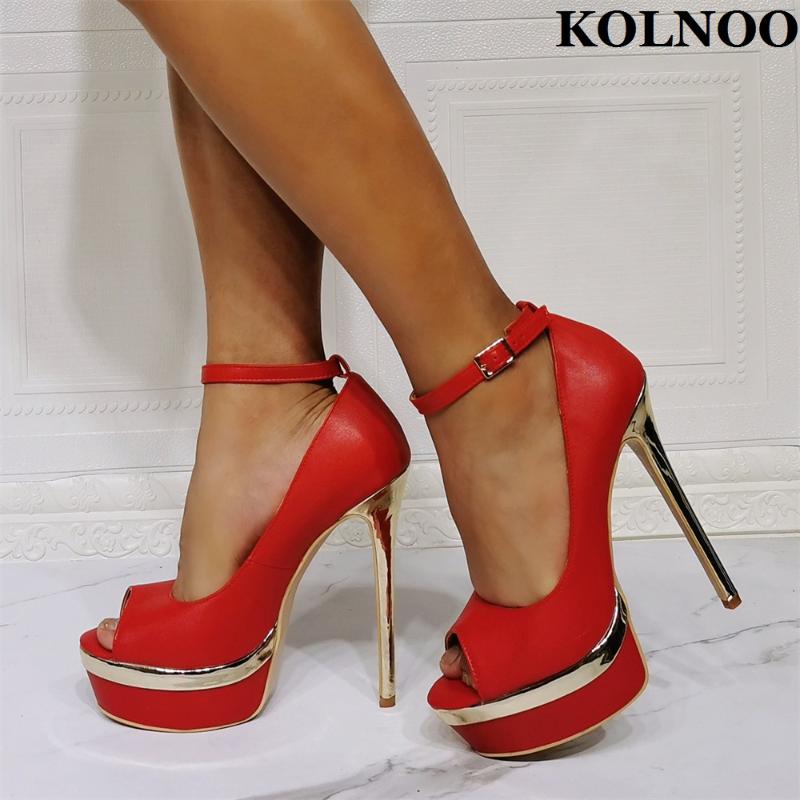 

Dress Shoes Kolnoo Handmade Ladies High Heels Pumps Buckle Strap Peep-toe Real Pictures Party Evening Xmas Fashion Red, Black