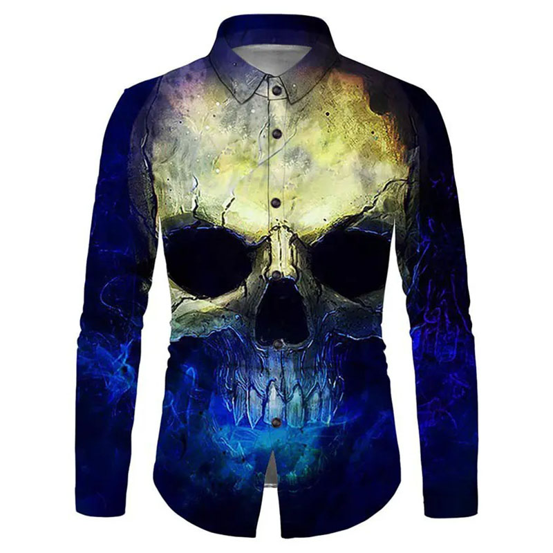 

Halloween men's skull print button long-sleeved shirt, White;black