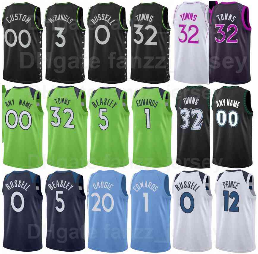 

Screen Print Basketball Karl Anthony Towns Jerseys 32 Jaden McDaniels 3 Malik Beasley 5 DAngelo RUSSELL 0 Taurean Prince 12 Josh Okogie 20 Black White Man Woman Youth