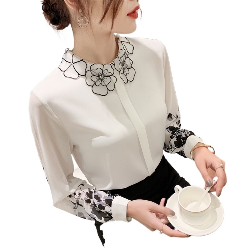 

women tops Females Floral Printed Tops Single Breasted Button Elegant Office Basic White Shirts Blouses 210520