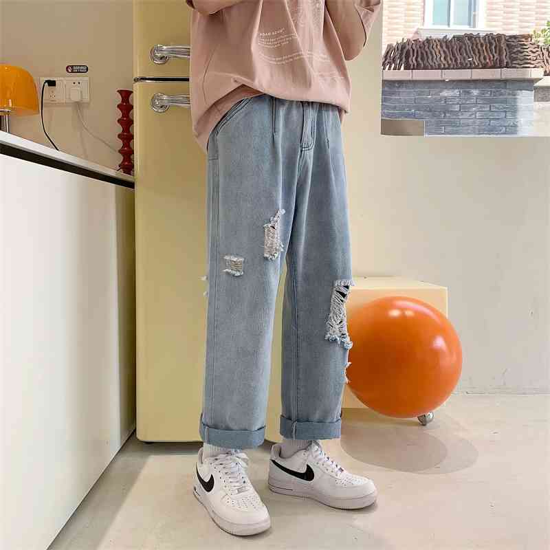 

Hole jeans men' summer thin drop feeling floor mop Korean style fashionable sexy beggar TB pants, Blue