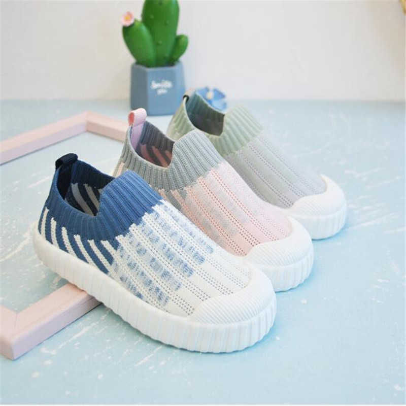

Spring 2021 children's shoes fashion stripe boys' and girls' soft soled non slip on shoes flying woven casual shoes X0703, Pink grey