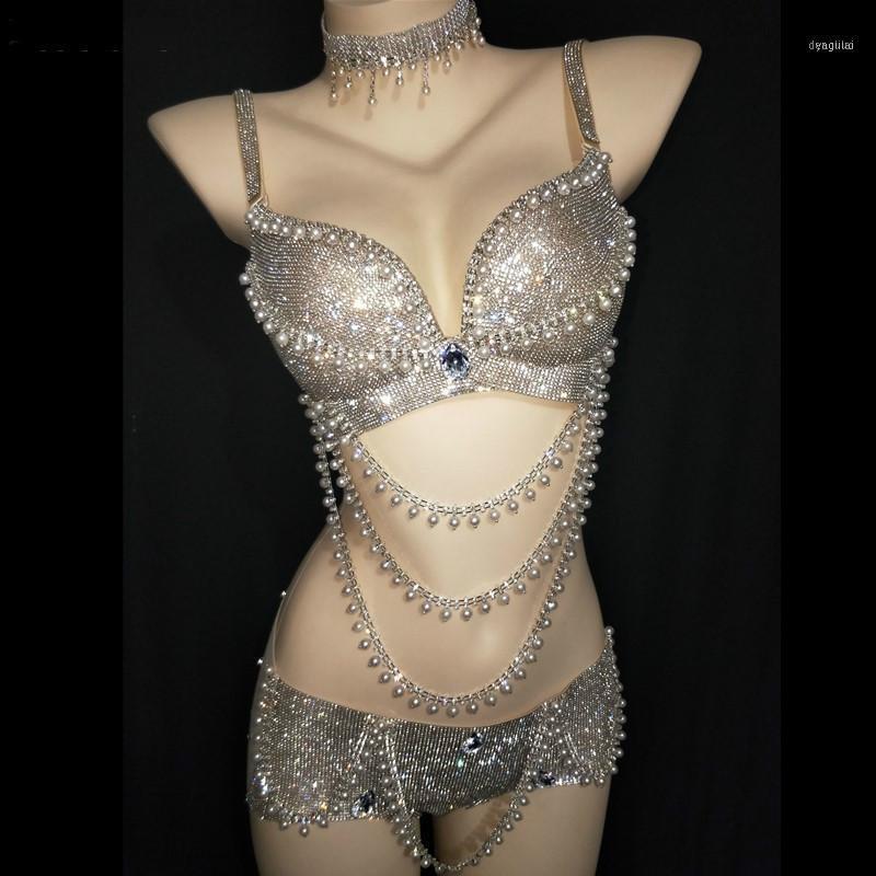 

Bra Shorts Women Bikini 2 Pieces Set Sexy Nightclub Bar Party Show Stage Outfits Dj Pole Dancing Costume Dance Team Jazz Wears1, Silver