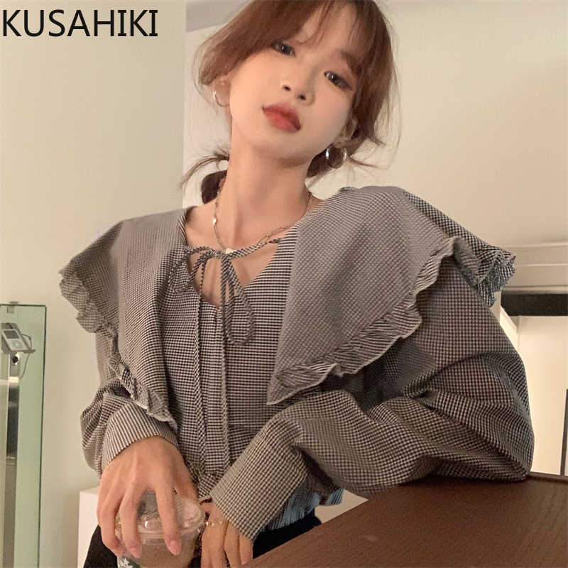 

KUSAHIKI Korea Chic Plaid Blouse Women Ruffle Peter Pan Collar Shirt Causal Long Sleeve Bow Tie Blusas Top Summer 6J321 210602, Photo color