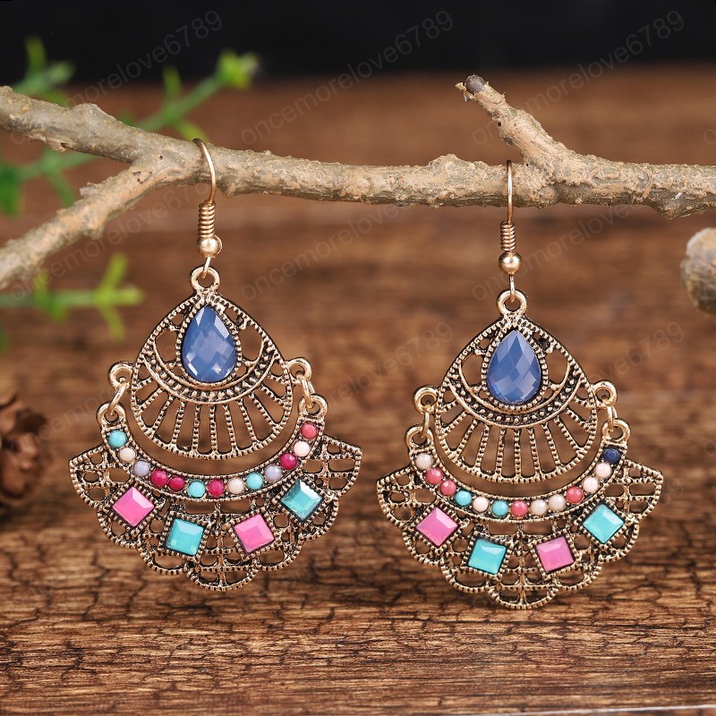 

Personality Bohemian Dangle Earring 2021 Red Stone Beaded Alloy Hollow Water Drop Earrings For Women Vintage Ethnic Ear Jewelry