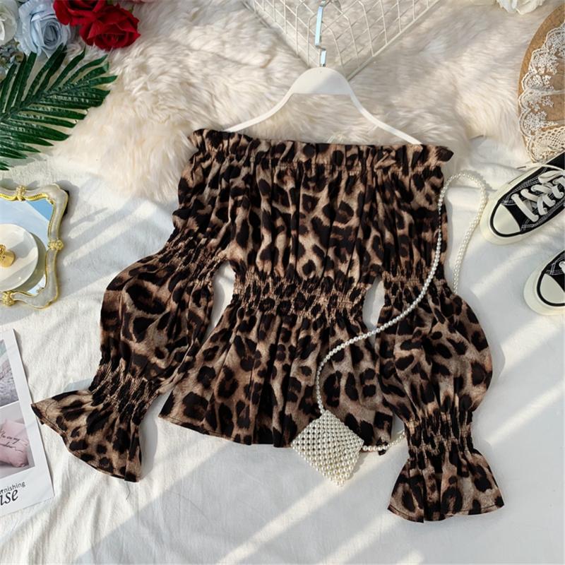 

Women's Blouses & Shirts Korean Fashion Sexy Slash Neck Leopard Chiffon Shirt Blouse Women 2022 Spring Autumn Off-Shoulder Slim Fit Wild Top, White