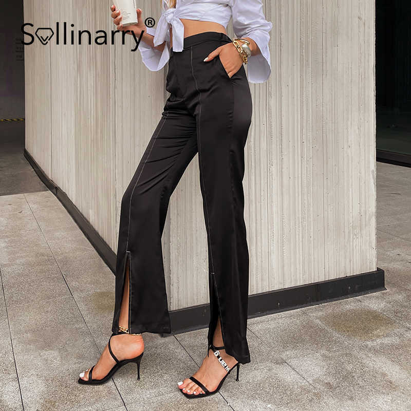 

Sollinary Autumn split hem flare pants women Elegant loose office lady bottoms Fashion high waist black long pants 210709