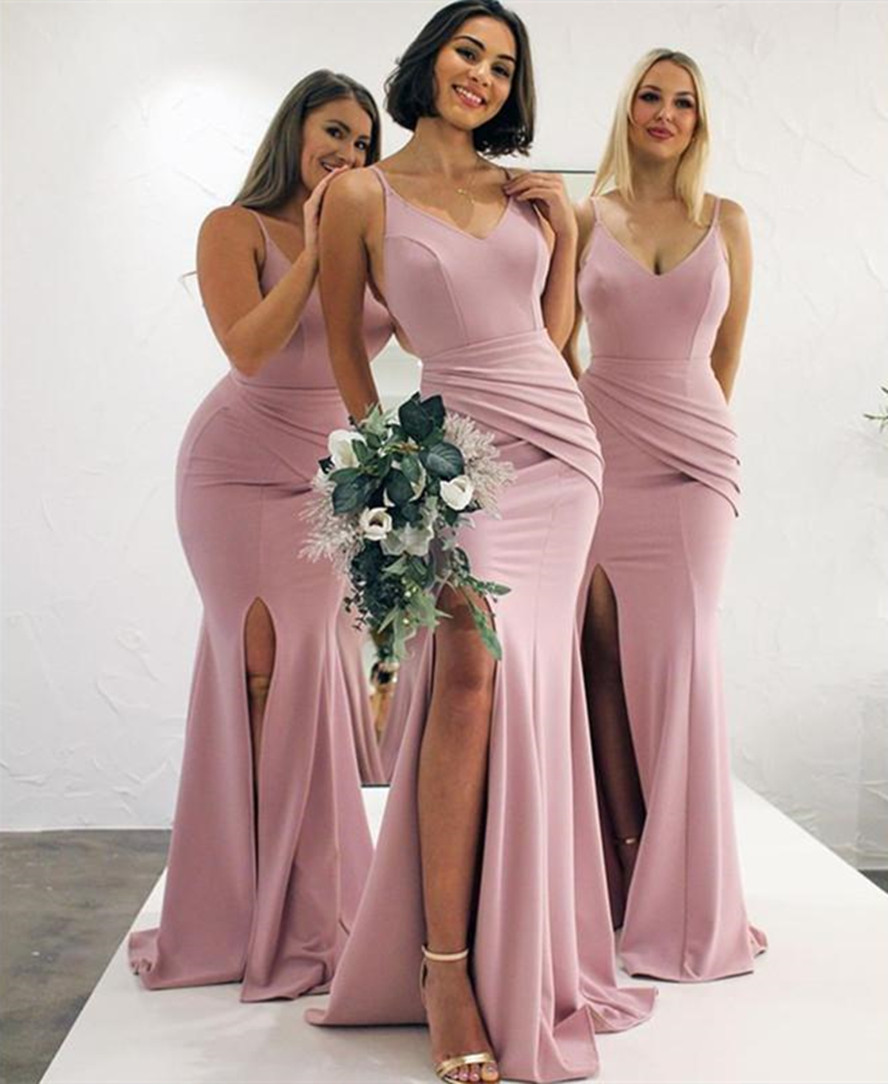 

2022 Bridesmaid Dresses Spaghetti V Neck Young Girls' Wedding Party Wear Ruched Side Split Long Prom Evening Gowns