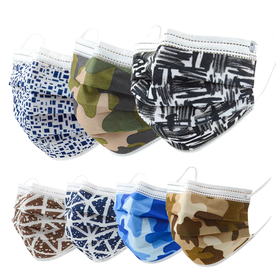 

Disposable camo mask three-layer protective dustproof printing face masks non-woven facemask with meltblown cloth in stock