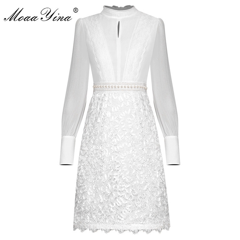 

Fashion Runway dress Spring Summer Women's Dress Stand collar Long sleeve Patchwork Pearl Beaded Lace Dresses 210524, White