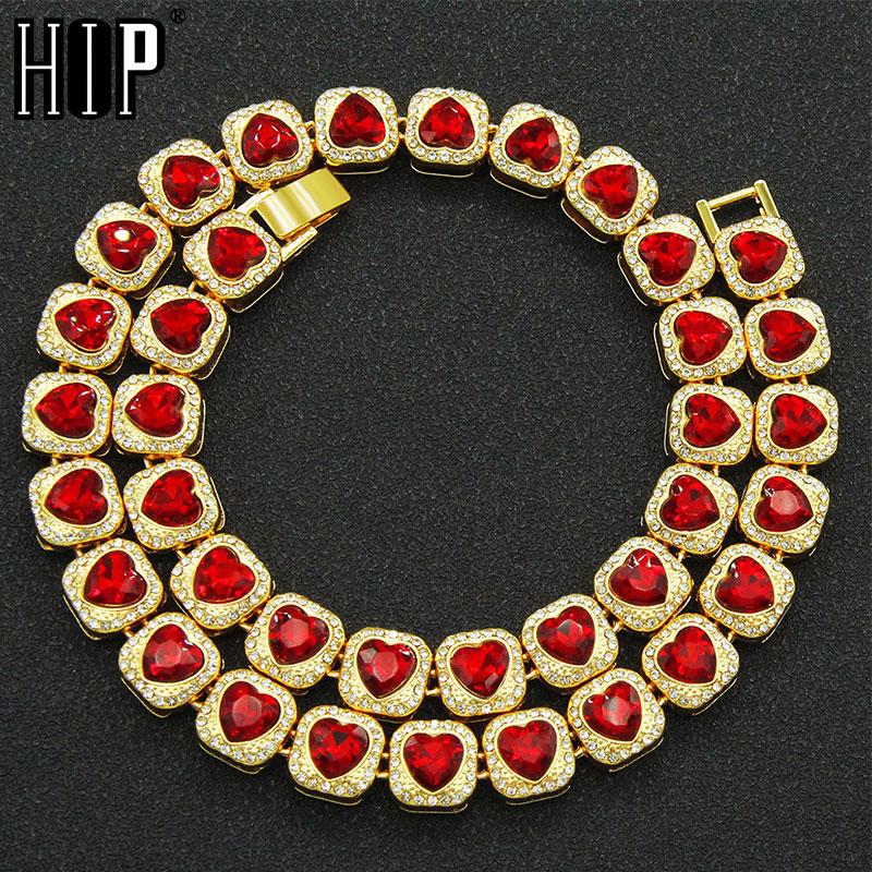

Chains Hip Hop 13mm Iced Out Red Heart Love Rhinestone Tennis Chain Necklace Bracelet For Men Women Jewelry