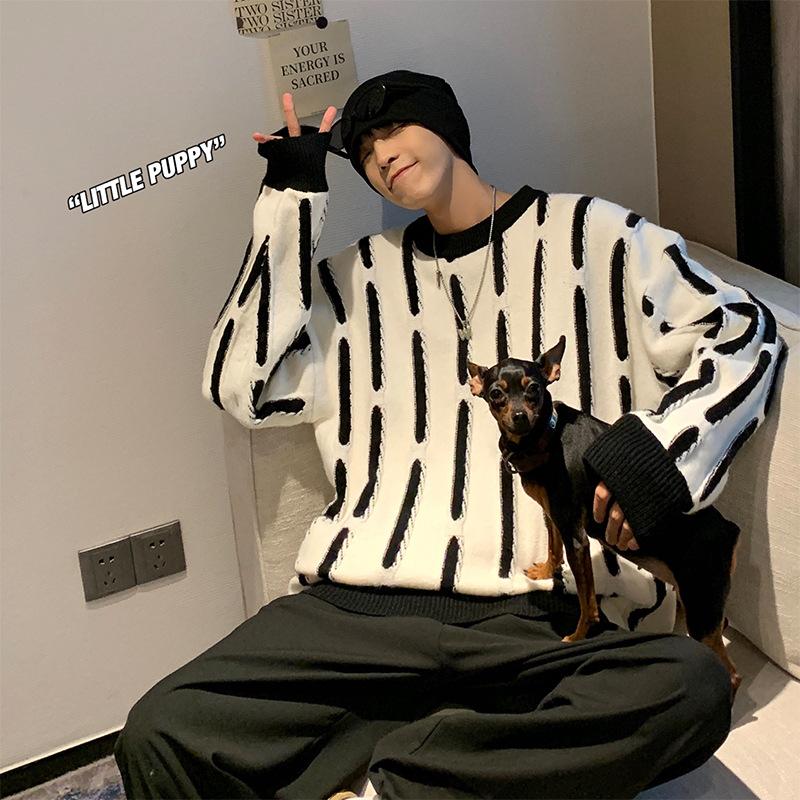 

Men's Sweaters Personalized Vertical Stripes Texture Loose Sweater Men Couples Knit College Streets Fashion Harajuku Daily Pullover, White;black